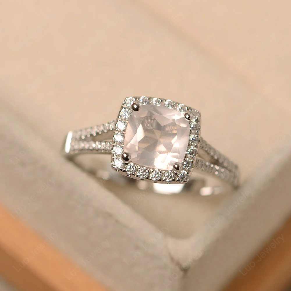 Rose Quartz Cushion Cut Split Shank Halo Ring