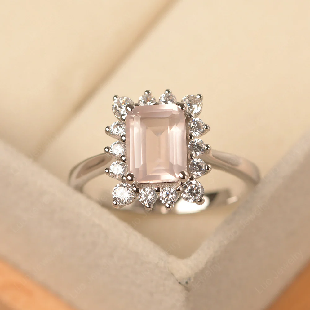 Rose Quartz Emerald Cut Halo Ring