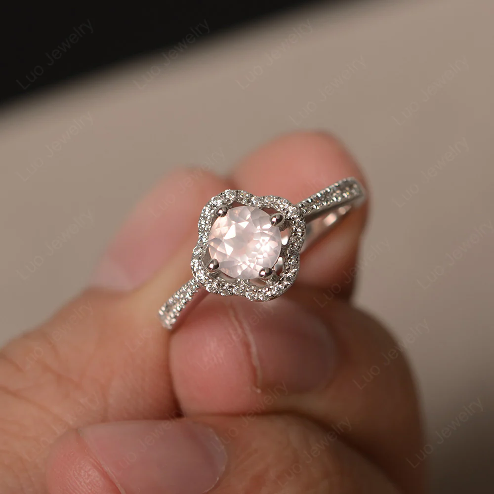 Rose Quartz Halo Flower Engagement Ring