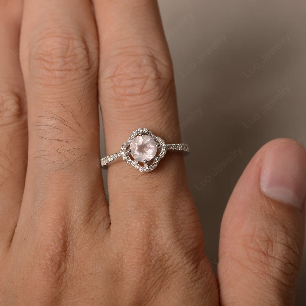 Rose Quartz Halo Flower Engagement Ring - Image 3
