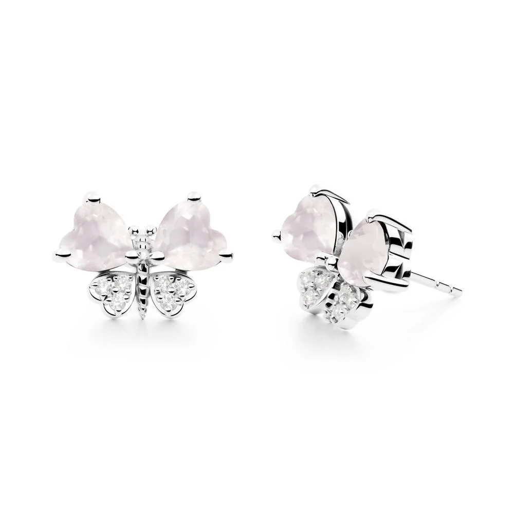 Rose Quartz Heart Shaped Wings Butterfly Stud Earrings
