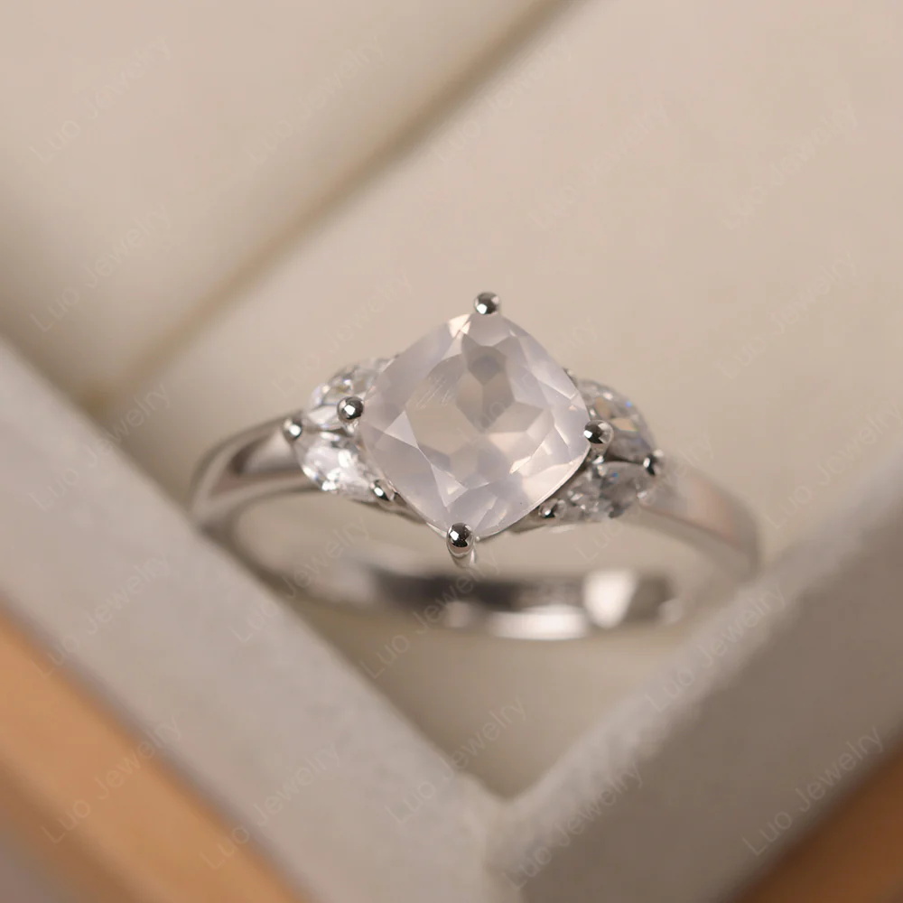 Rose Quartz Kite Set Cushion Engagement Ring