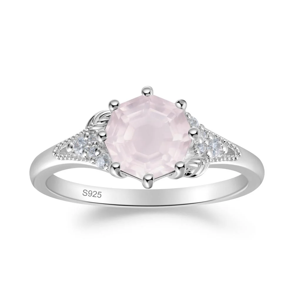 Rose Quartz Leaf and Milgrain Ring - Image 3