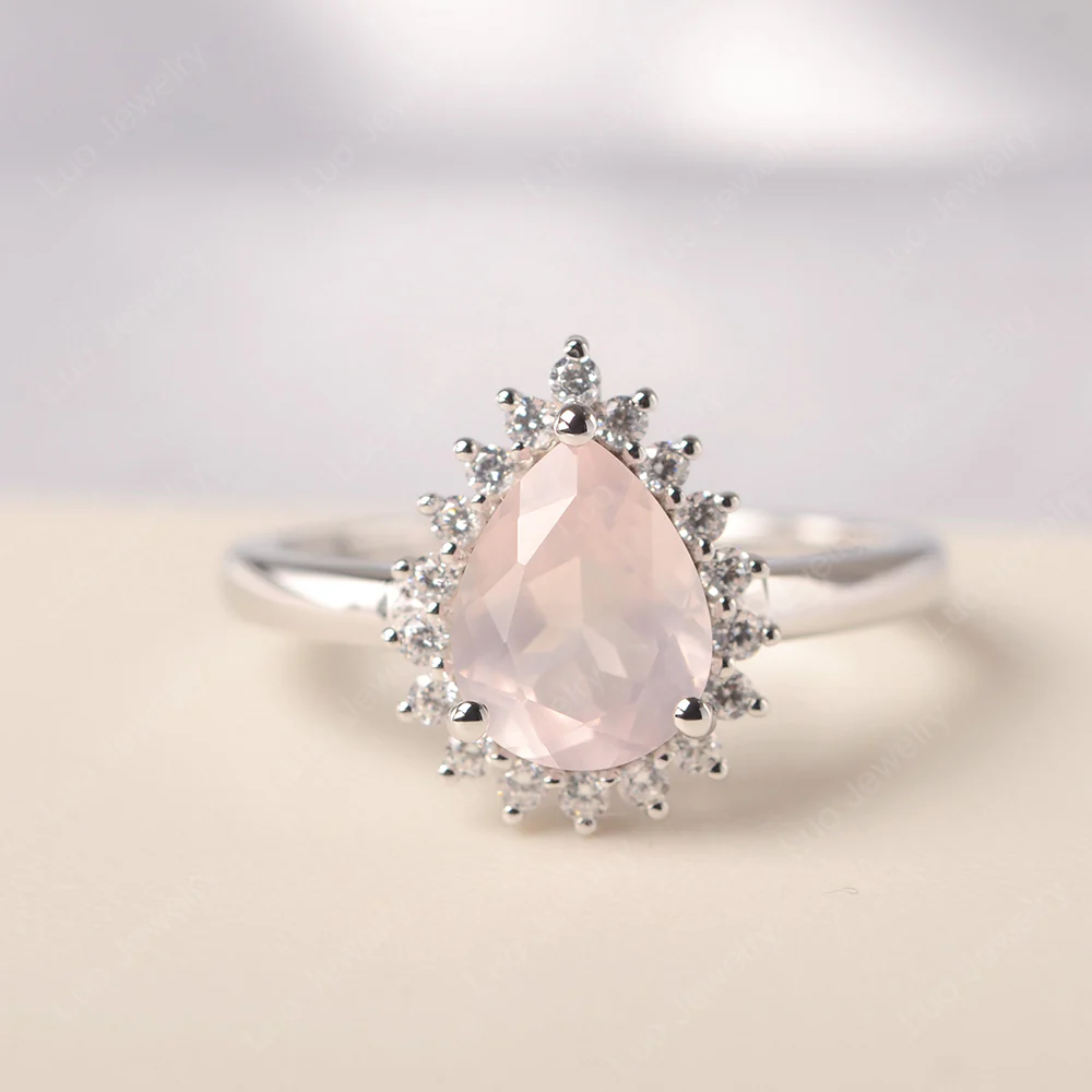 Rose Quartz Pear Halo Engagement Ring