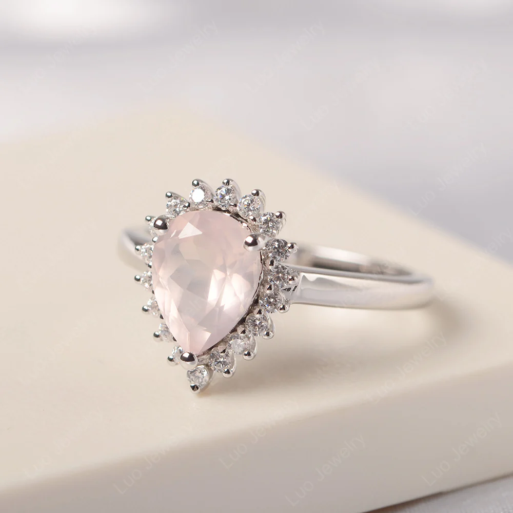 Rose Quartz Pear Halo Engagement Ring - Image 2