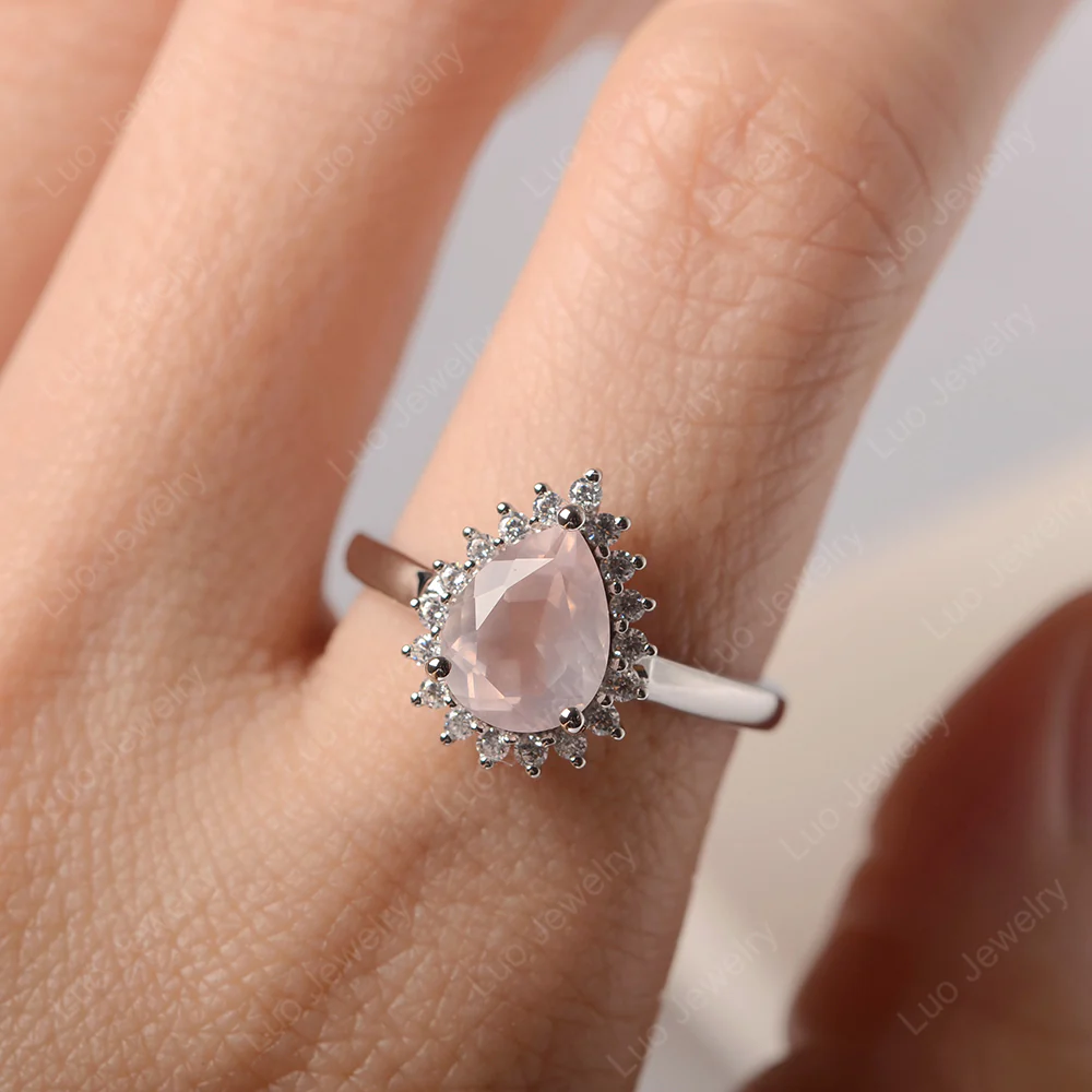 Rose Quartz Pear Halo Engagement Ring - Image 5
