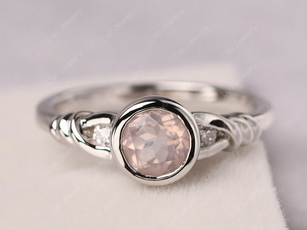 Rose Quartz Ring Round Bezel Engagement Ring