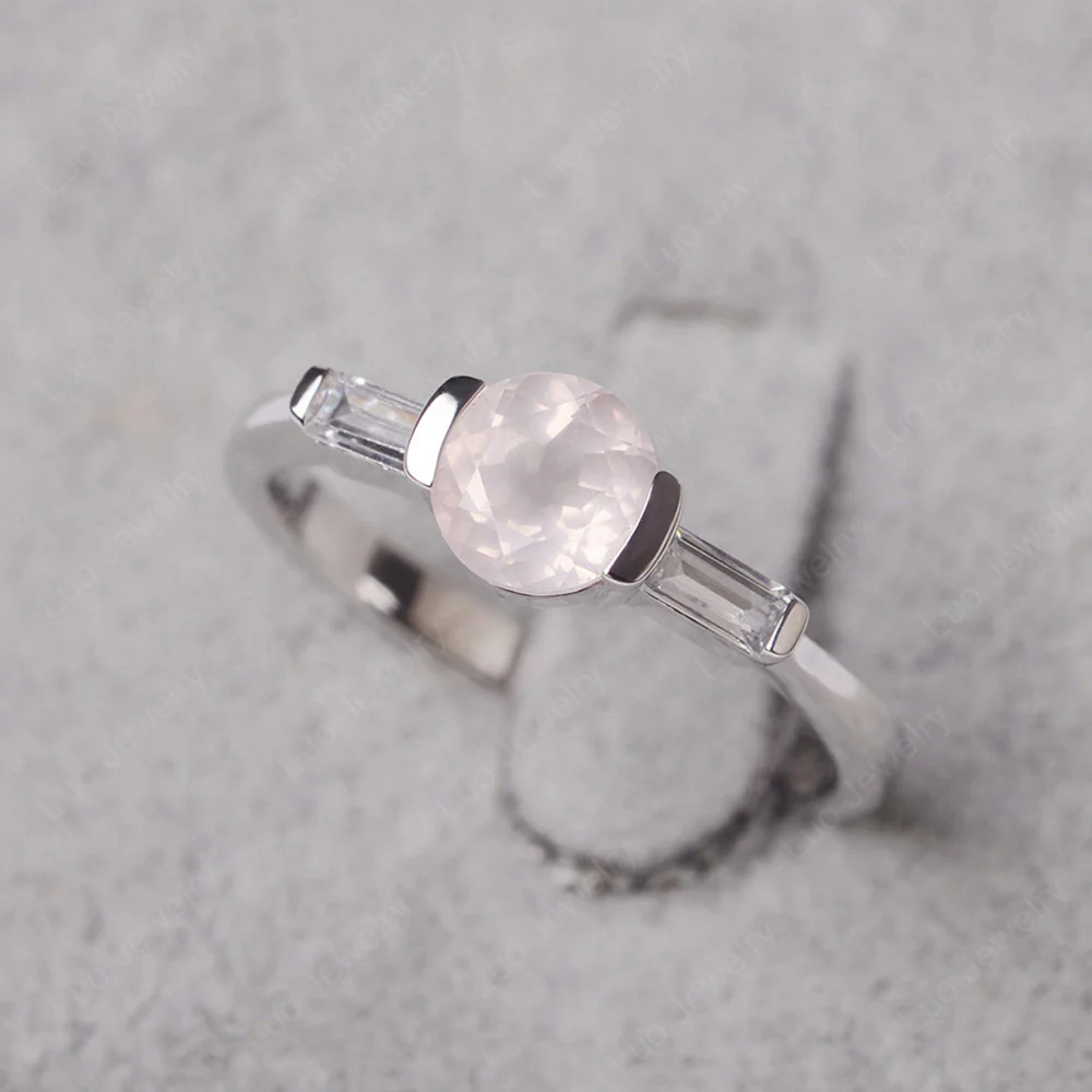 Rose Quartz Ring Round Cut with Baguette Side