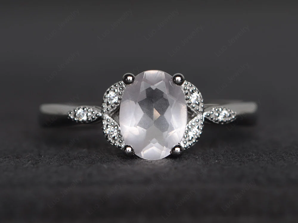 Oval Rose Quartz Leaf Engagement Ring