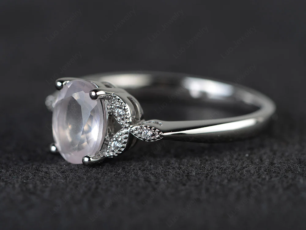 Oval Rose Quartz Leaf Engagement Ring - Image 2