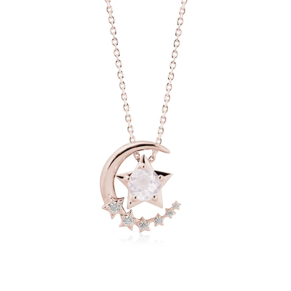 Rose Quartz Swinging Star and Crescent Moon Necklace - Image 2