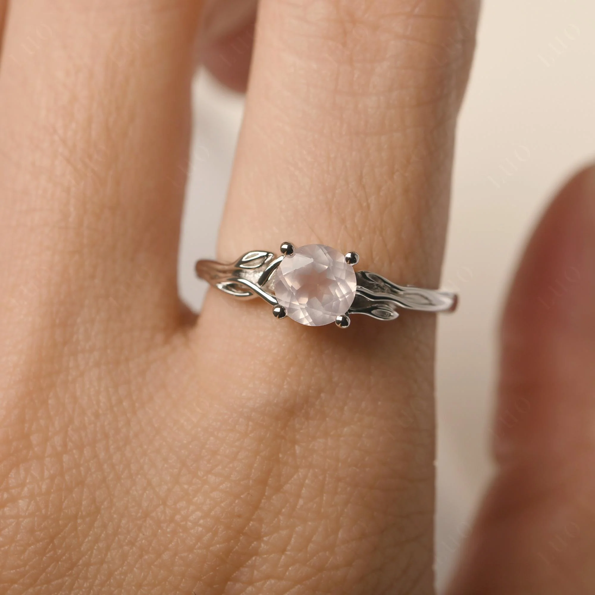 Petite Rose Quartz Leaf Ring - Image 14