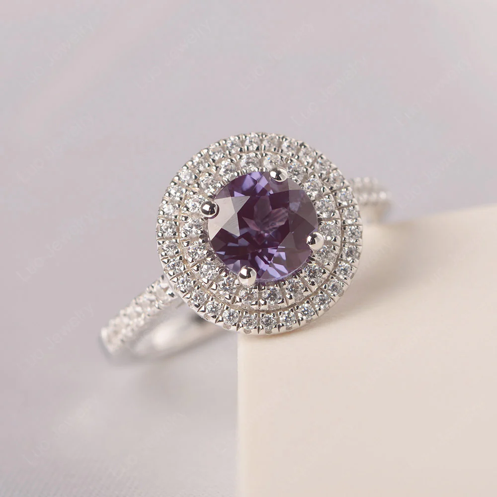 Round Alexandrite Double Halo Engagement Ring - Image 3