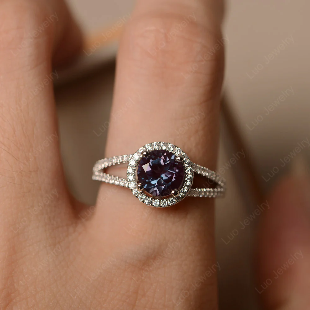Round Alexandrite Halo Split Shank Ring - Image 5