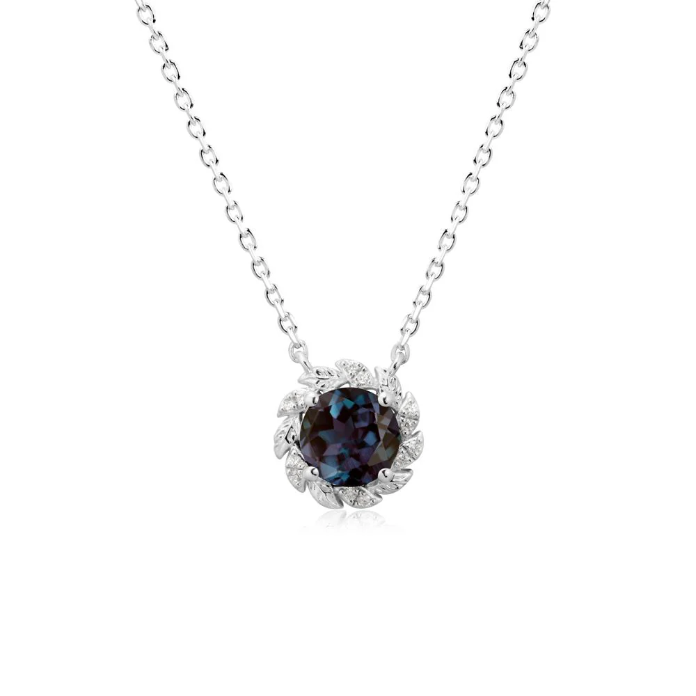 Round Alexandrite Leaf Halo Necklace