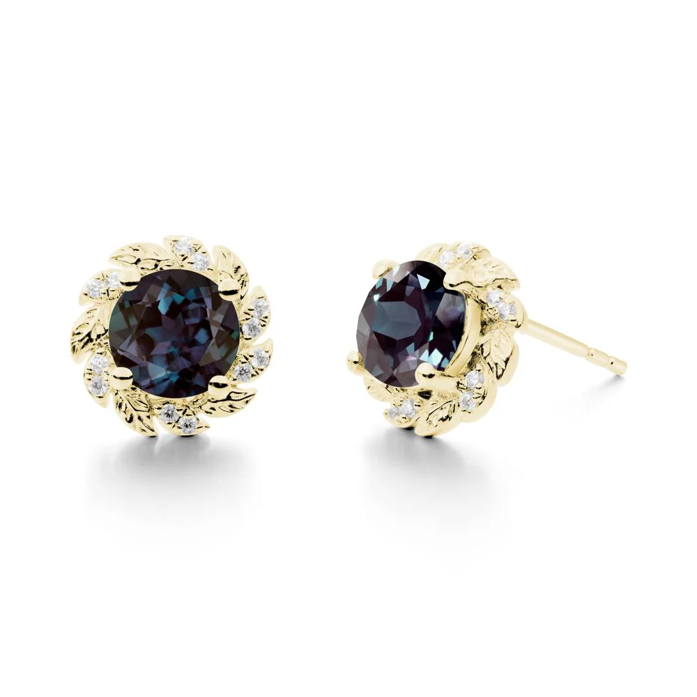 Round Alexandrite Leaf Halo Stud Earrings - Image 3