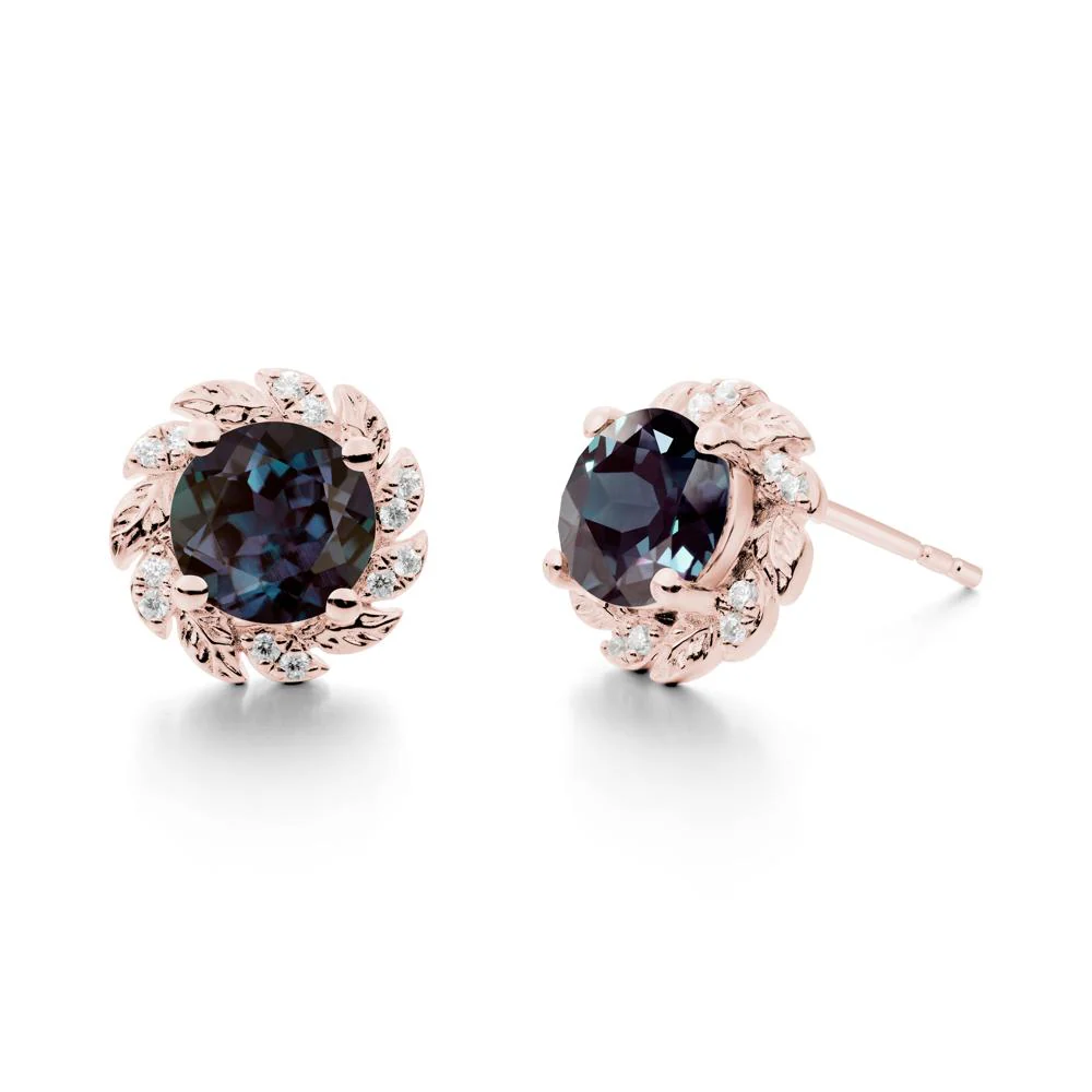 Round Alexandrite Leaf Halo Stud Earrings - Image 6