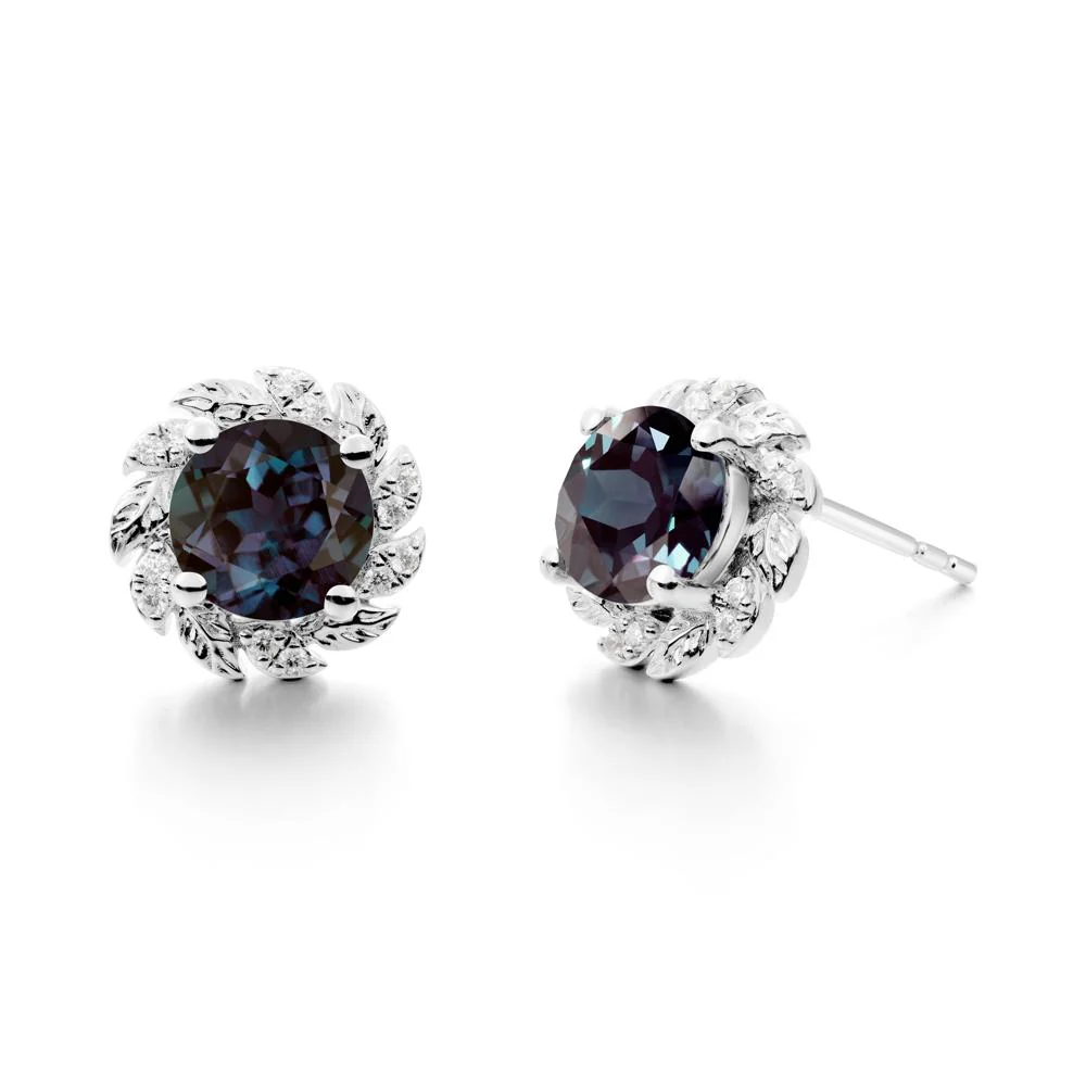 Round Alexandrite Leaf Halo Stud Earrings - Image 8