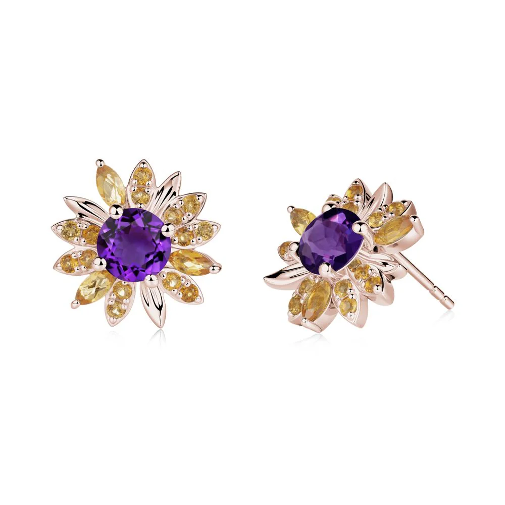 Round Amethyst and Citrine Sunflower Stud Earrings - Image 2