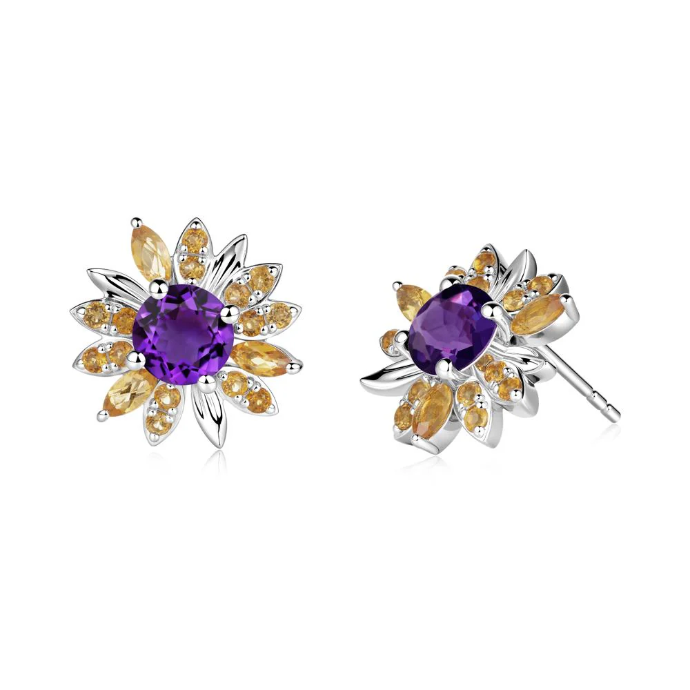 Round Amethyst and Citrine Sunflower Stud Earrings - Image 3