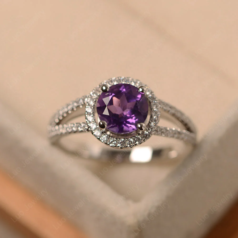Round Amethyst Halo Split Shank Ring