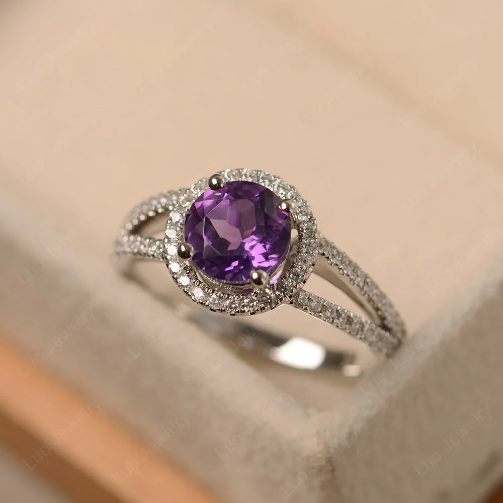 Round Amethyst Halo Split Shank Ring - Image 2