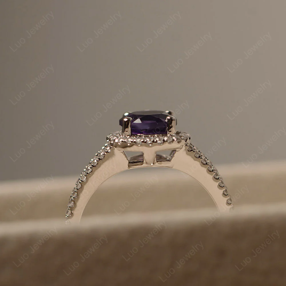 Round Amethyst Halo Split Shank Ring - Image 4