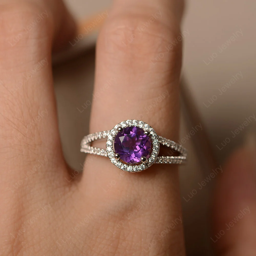 Round Amethyst Halo Split Shank Ring - Image 5