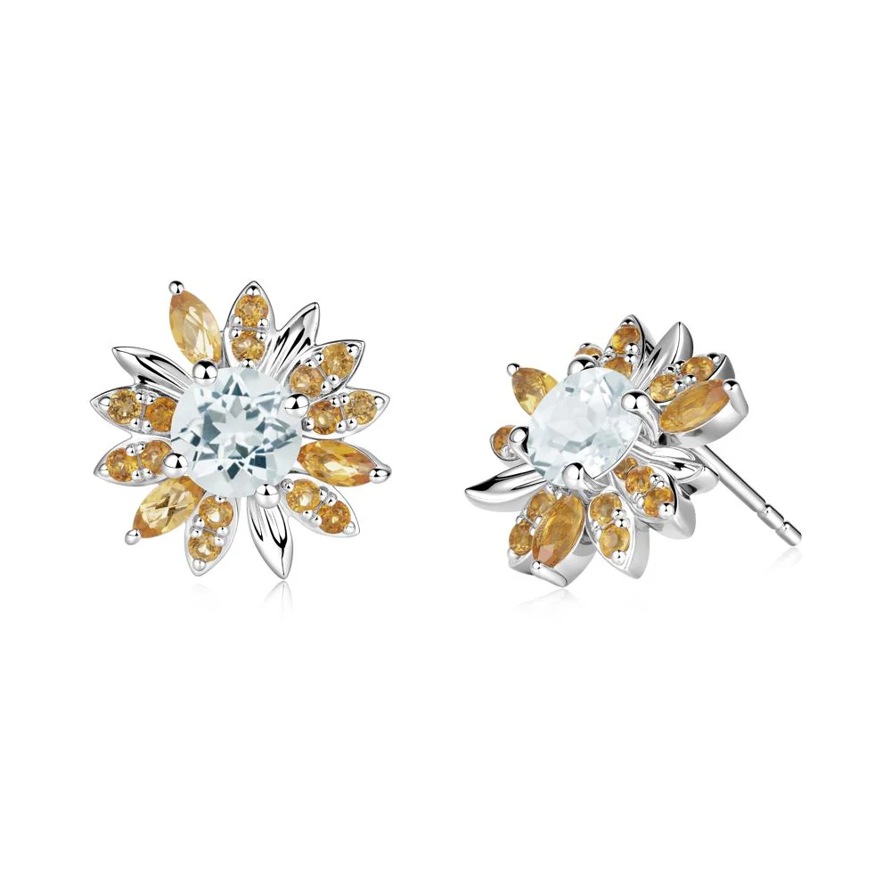 Round Aquamarine and Citrine Sunflower Stud Earrings - Image 9