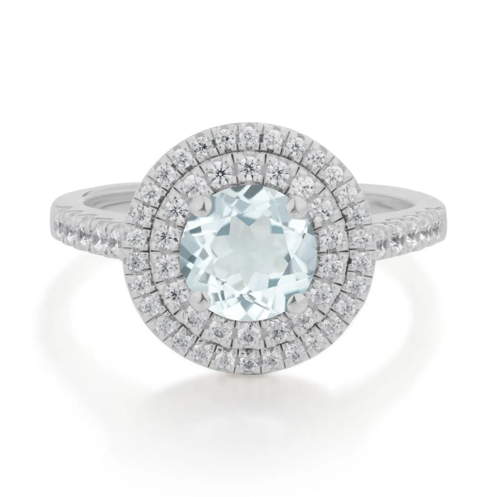 Round Aquamarine Double Halo Engagement Ring - Image 2