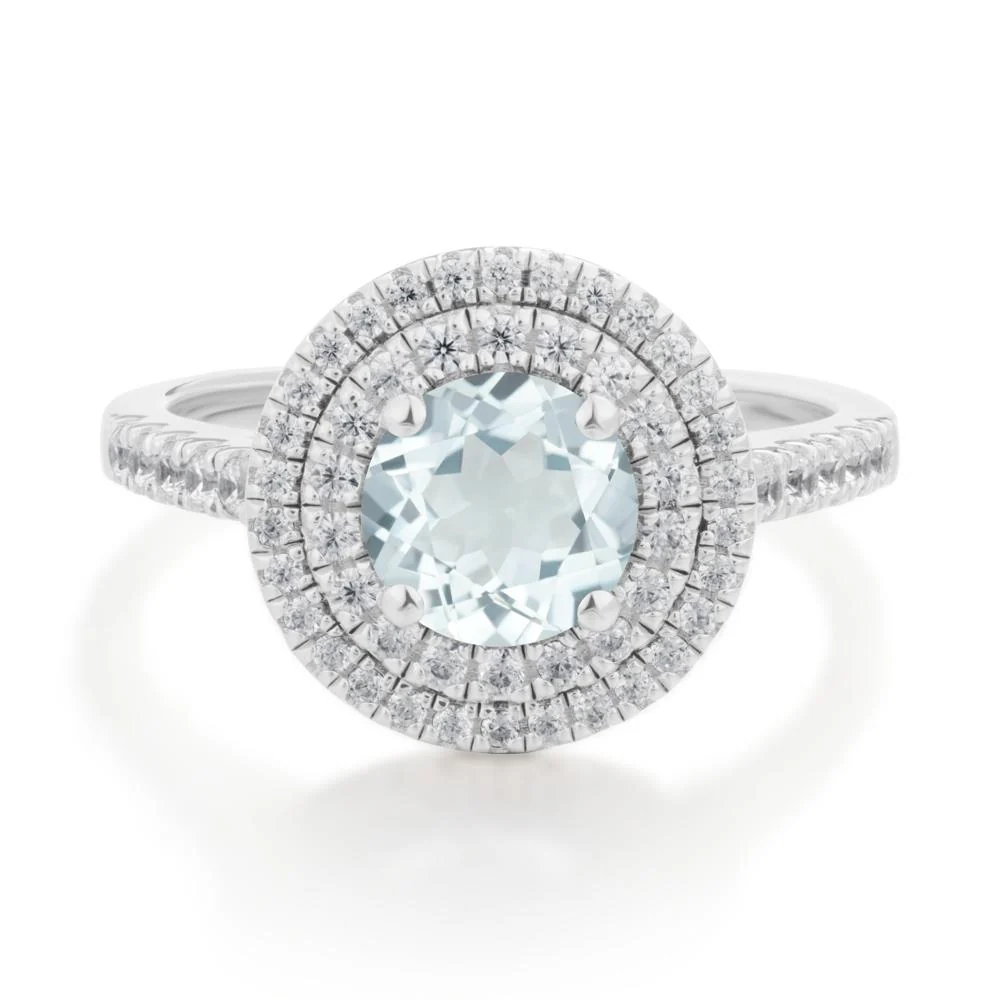Round Aquamarine Double Halo Engagement Ring - Image 9