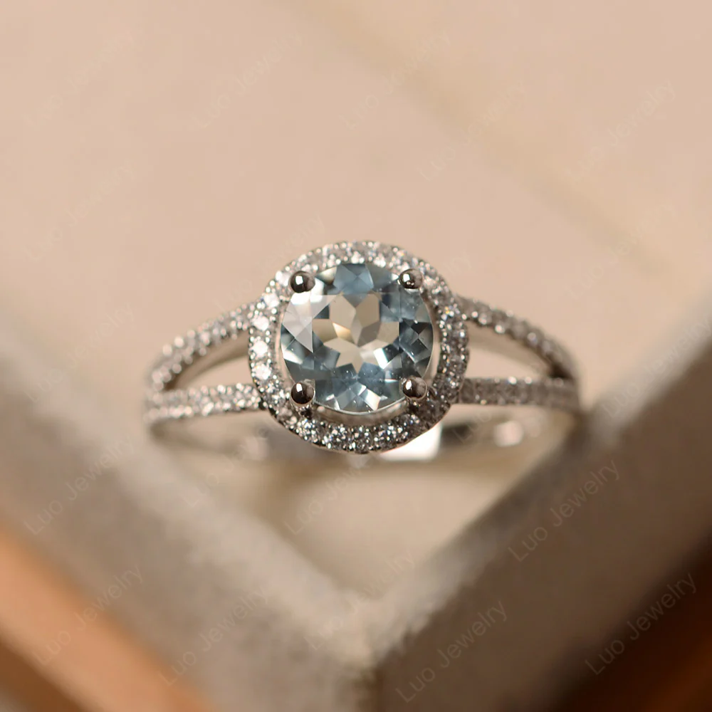 Round Aquamarine Halo Split Shank Ring