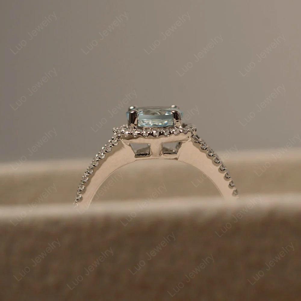 Round Aquamarine Halo Split Shank Ring - Image 4