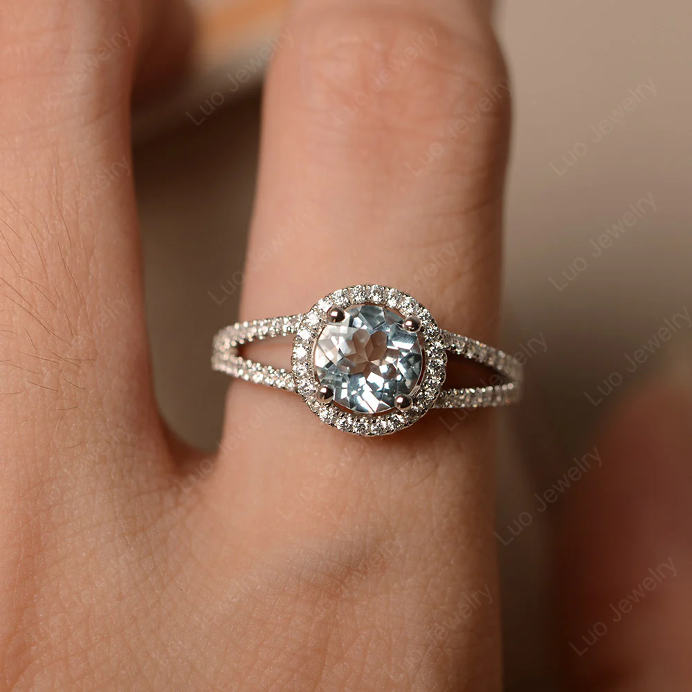 Round Aquamarine Halo Split Shank Ring - Image 5