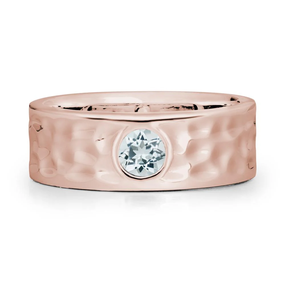Round Aquamarine Ring In Hammered Wide Band