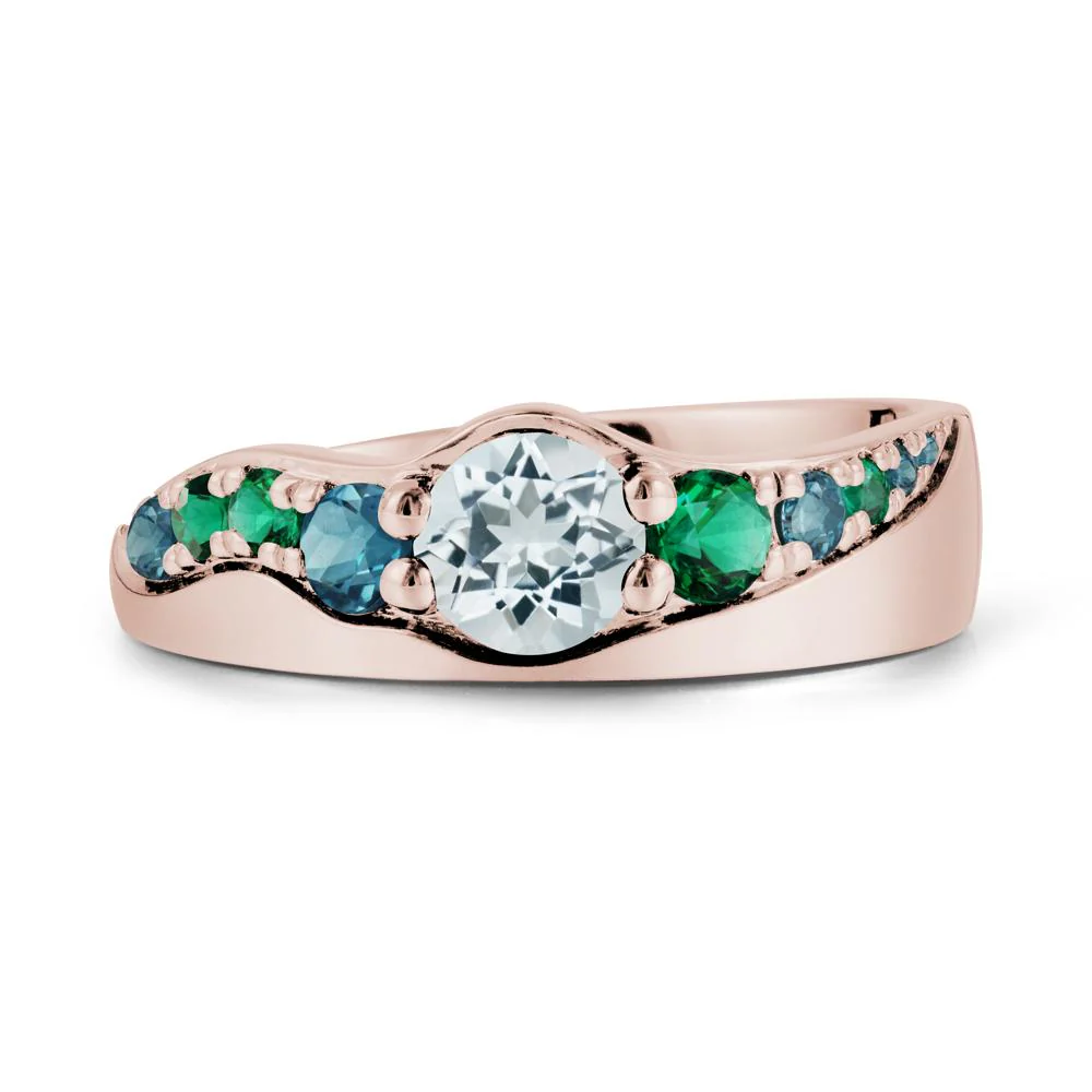 Round Aquamarine Ring with Wave Band - Image 2