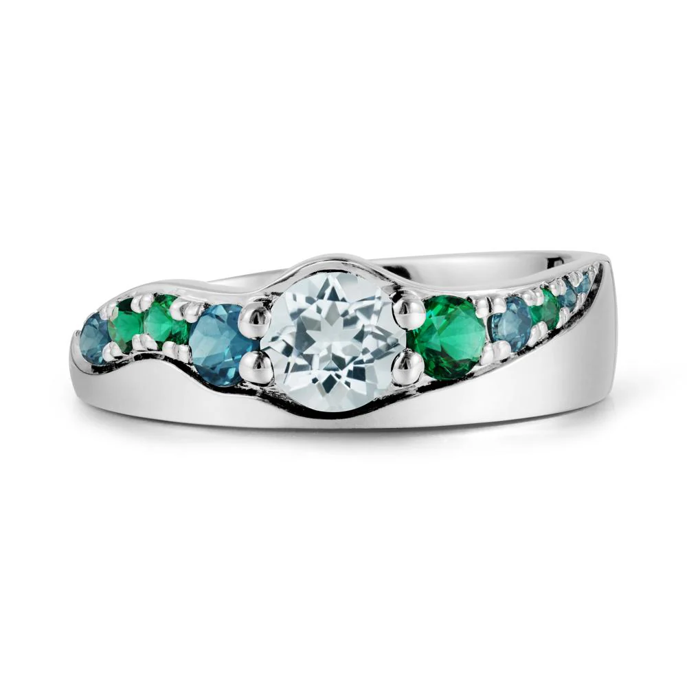 Round Aquamarine Ring with Wave Band - Image 6