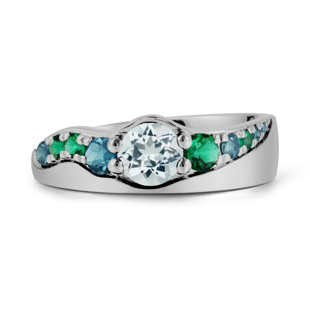 Round Aquamarine Ring with Wave Band - Image 8