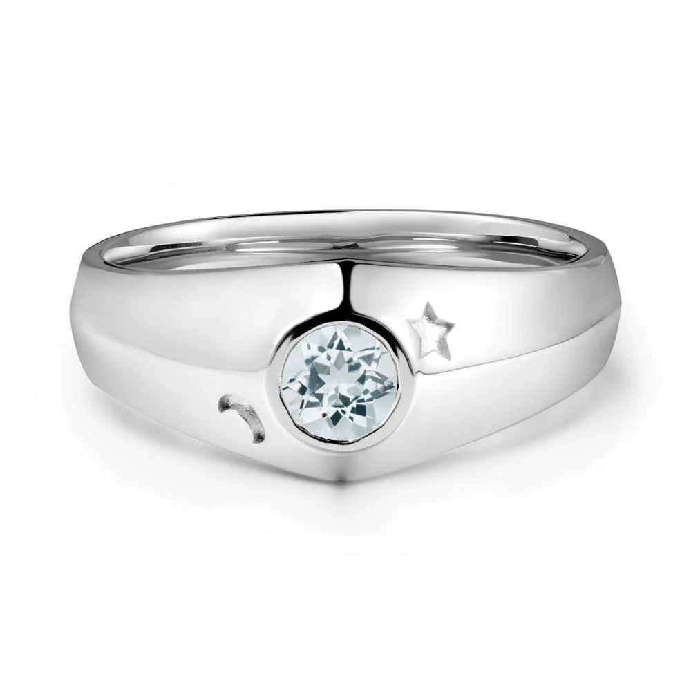 Round Aquamarine Wide Band Ring