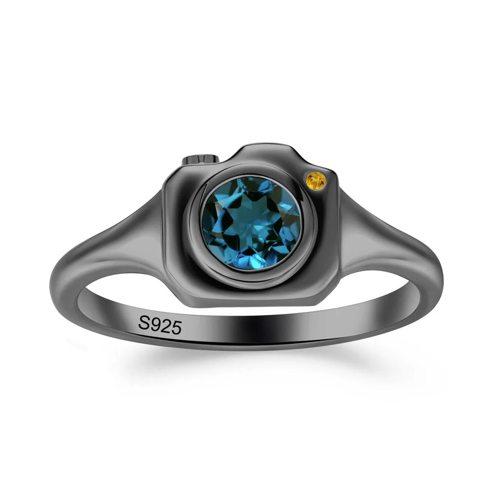 Round Bezel Set London Blue Topaz and Citrine Ring - Image 9