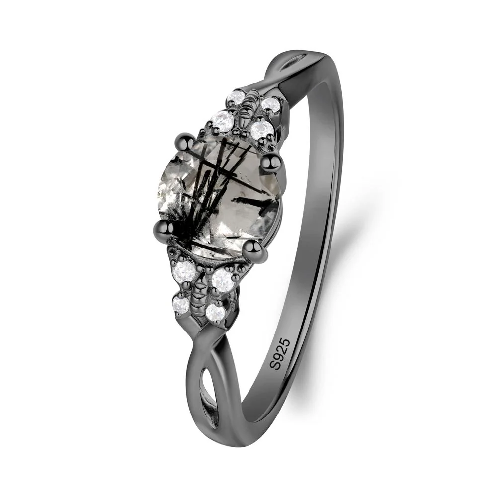 Round Black Rutilated Quartz Butterfly Ring - Image 2