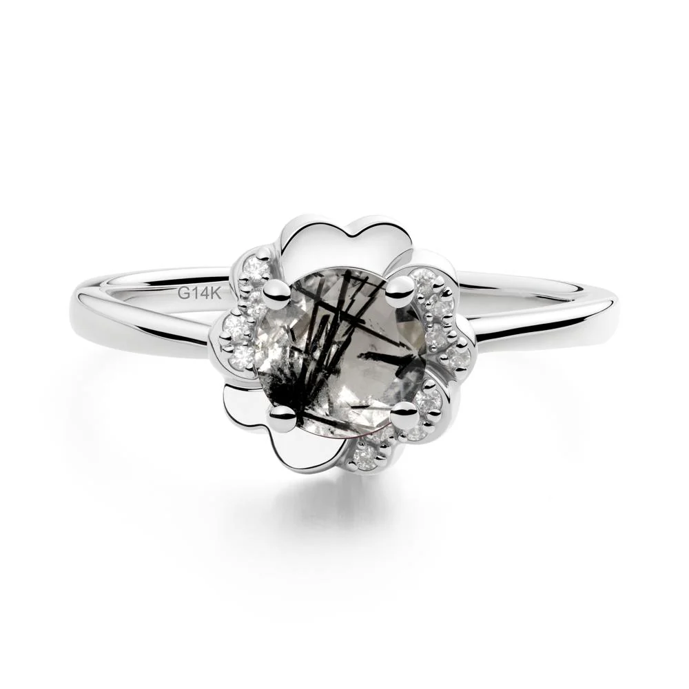 Round Black Rutilated Quartz Floral Engagement Ring