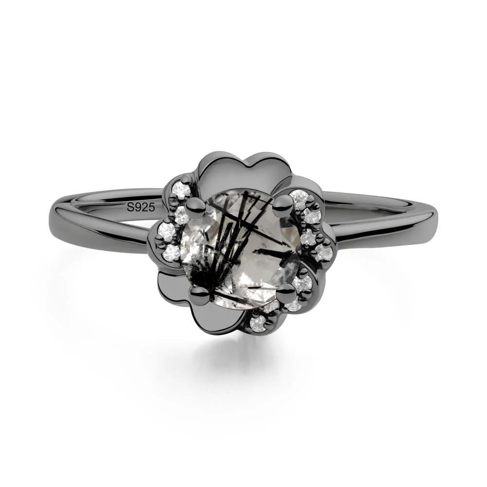 Round Black Rutilated Quartz Floral Engagement Ring - Image 2