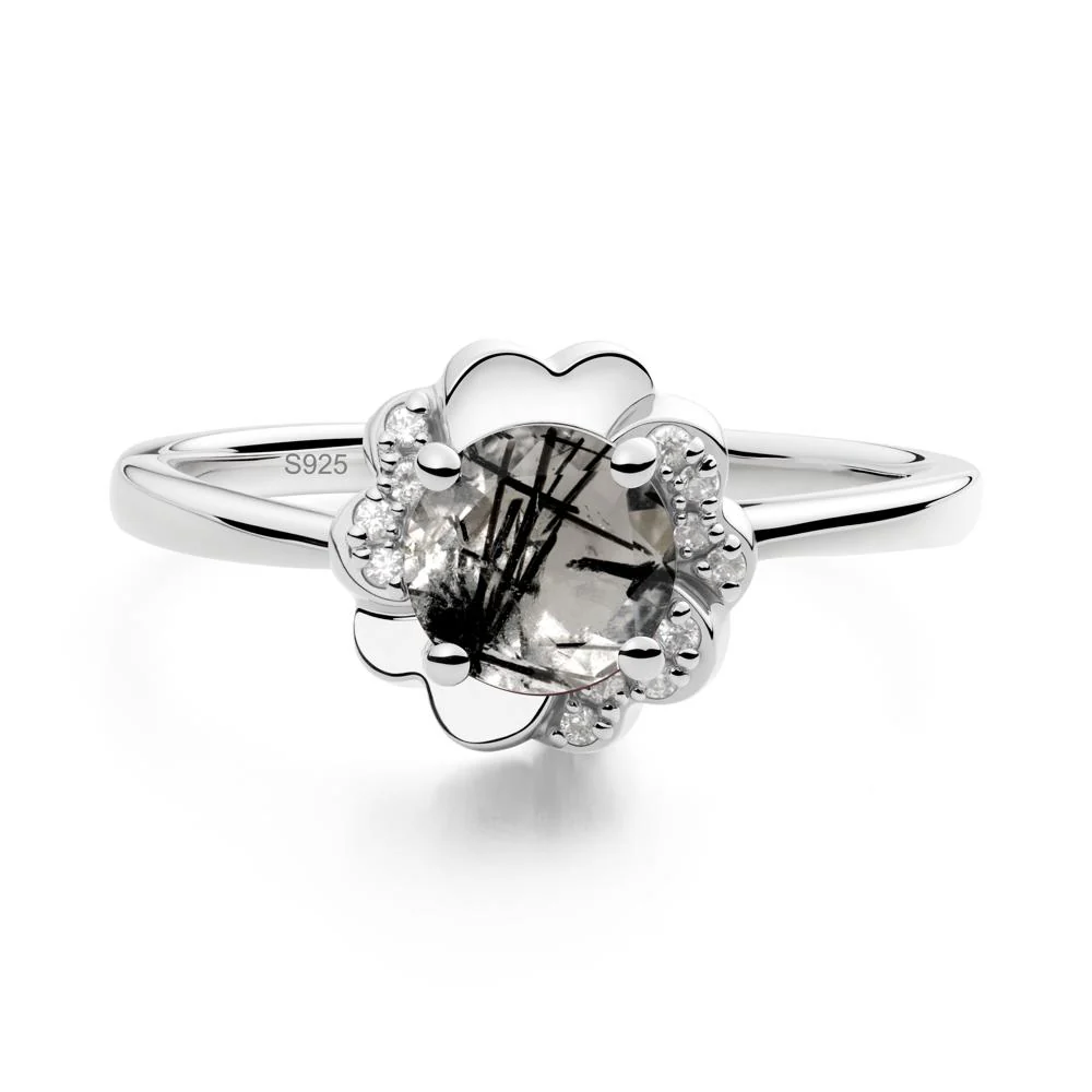 Round Black Rutilated Quartz Floral Engagement Ring - Image 6