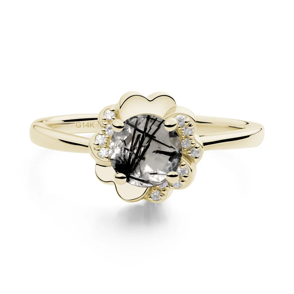 Round Black Rutilated Quartz Floral Engagement Ring - Image 8