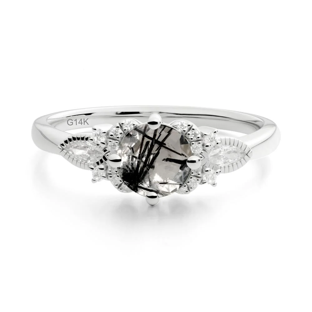 Round Black Rutilated Quartz Floral Statement Ring