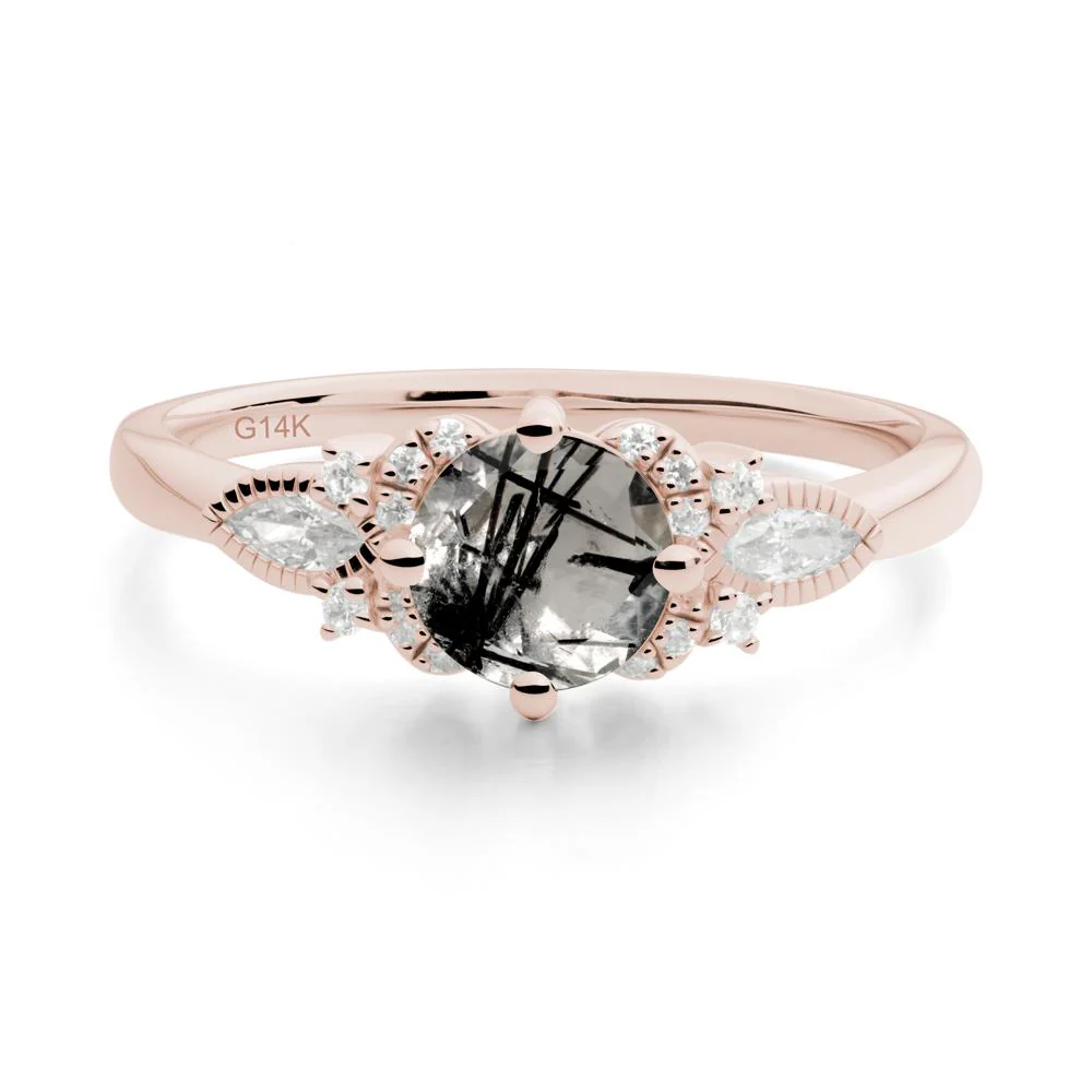 Round Black Rutilated Quartz Floral Statement Ring - Image 3