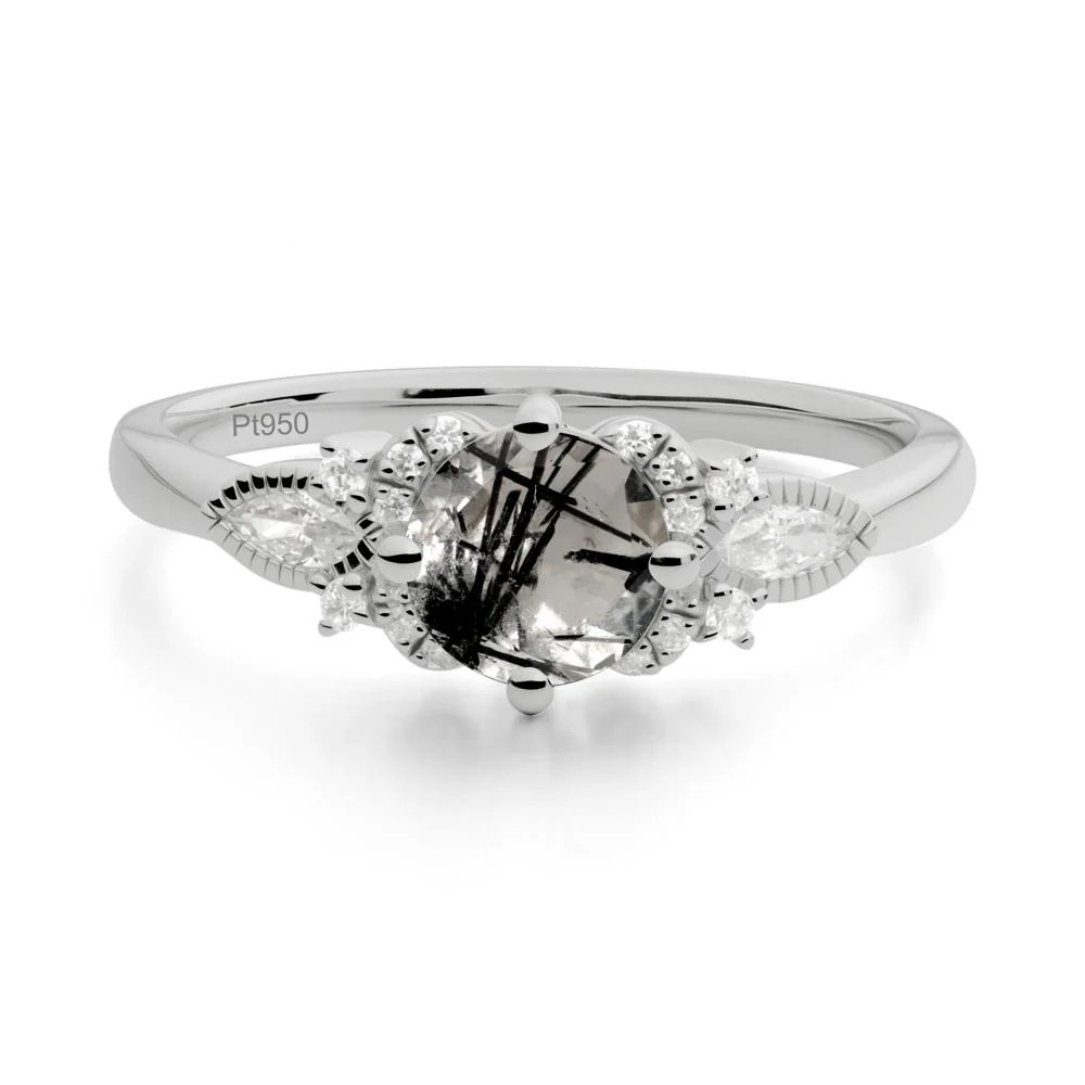 Round Black Rutilated Quartz Floral Statement Ring - Image 4