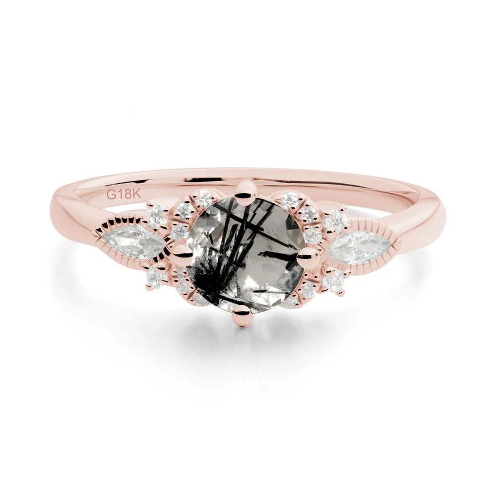 Round Black Rutilated Quartz Floral Statement Ring - Image 6