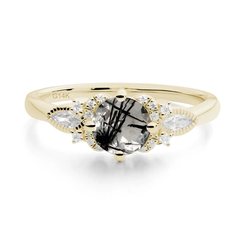 Round Black Rutilated Quartz Floral Statement Ring - Image 7